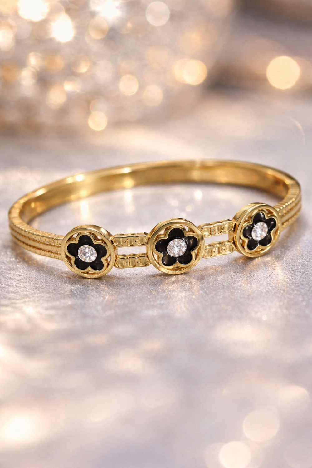 A0148-Gold-Tone Floral Charm Bracelet with Crystal Accents