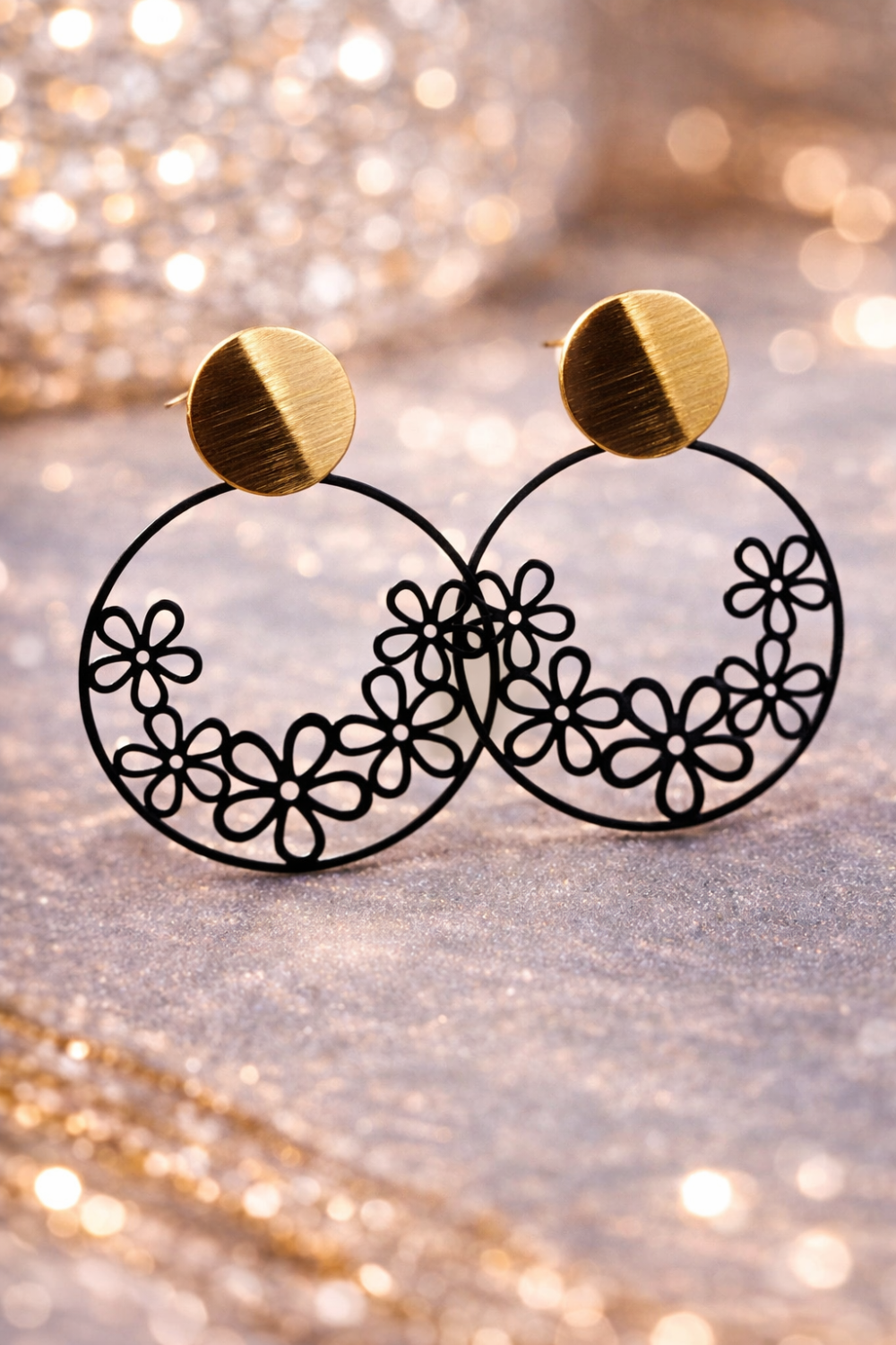 A0166-Floral Black Hoop Earrings with Gold Disc Studs