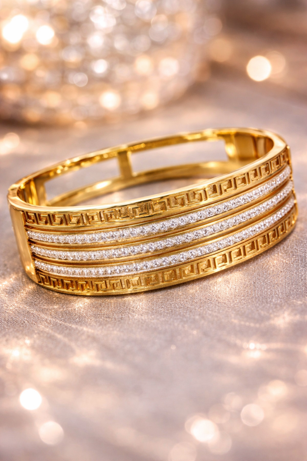 A0151-Luxury Gold-Tone Greek Key Kada Bracelet with Crystal Rows