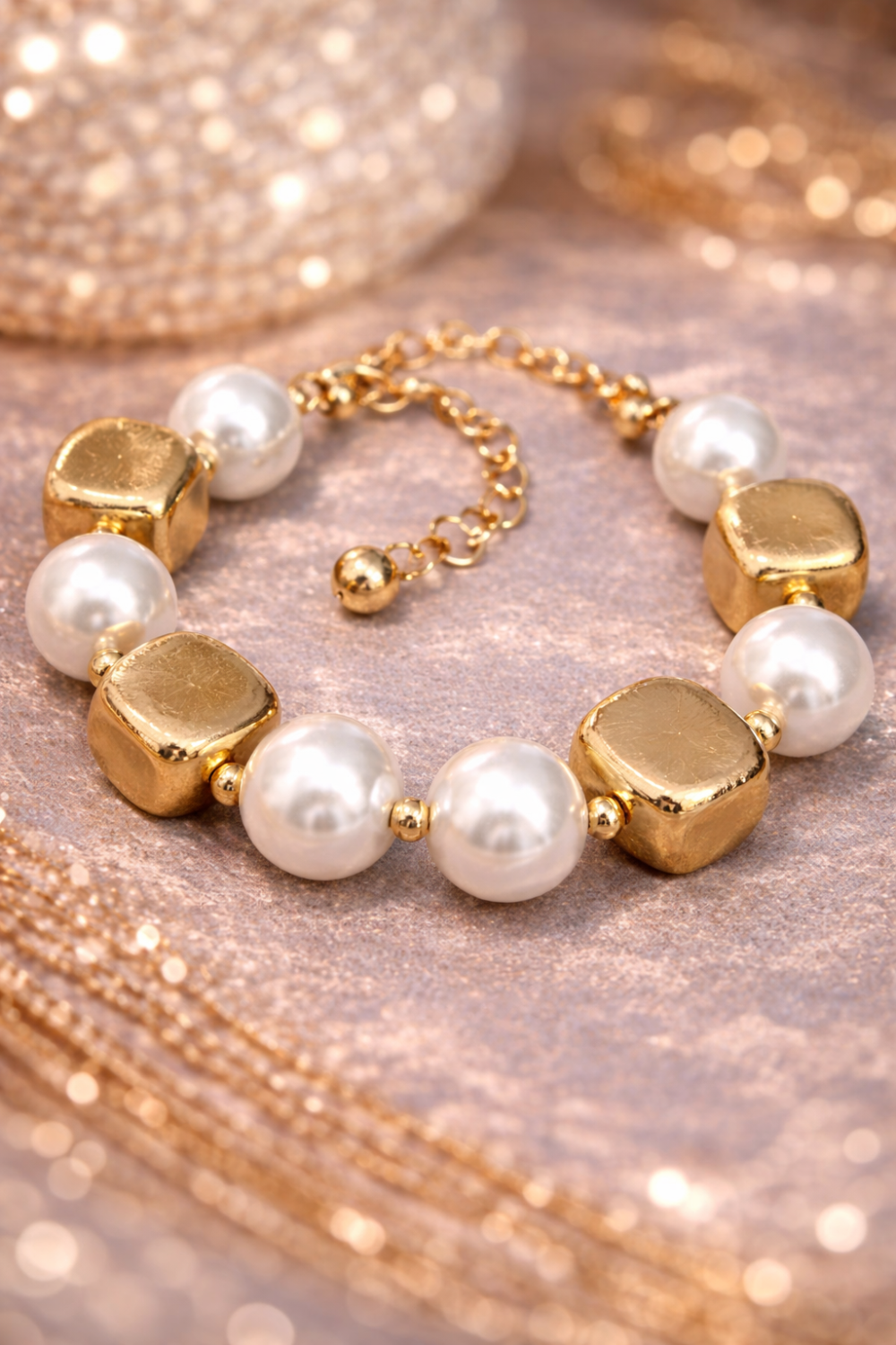 A0152-Gold-Tone Pearl & Cube Charm Bracelet